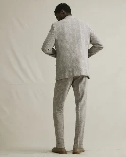 Beige Slim Fit Linen Blend Check Trousers