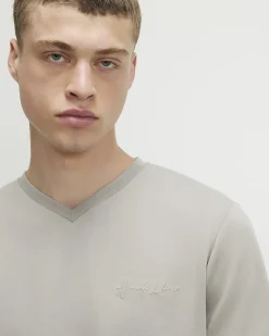 Beige Slim Fit Midweight V Neck T-Shirt