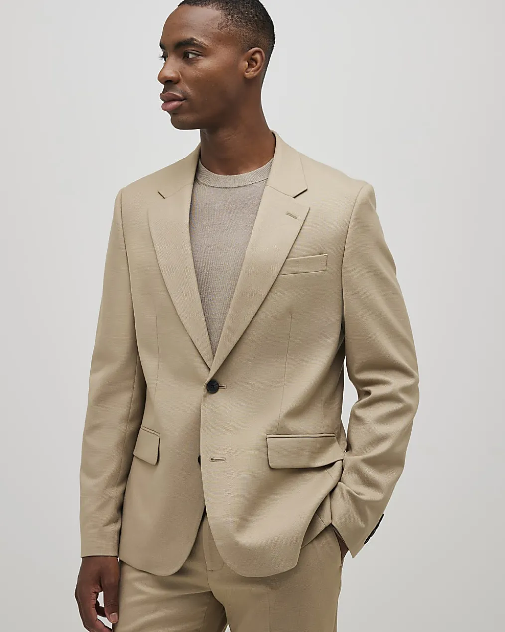 Beige Slim Fit Stretch Textured Suit Jacket