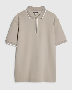 Beige Slim Fit Textured Zip Tip Polo Shirt