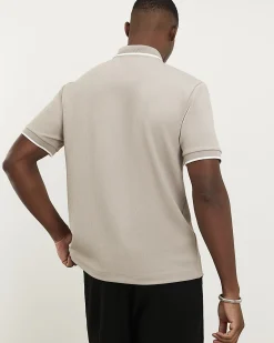 Beige Slim Fit Textured Zip Tip Polo Shirt