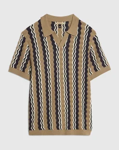 Beige Slim Fit Wavy Stripe Polo Shirt