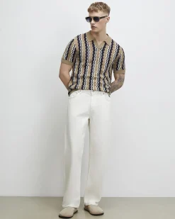 Beige Slim Fit Wavy Stripe Polo Shirt