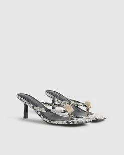 Beige Snake Print Toe Thong Heeled Sandals