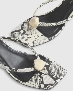 Beige Snake Print Toe Thong Heeled Sandals