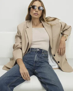 Beige Square Neck Fitted T-shirt
