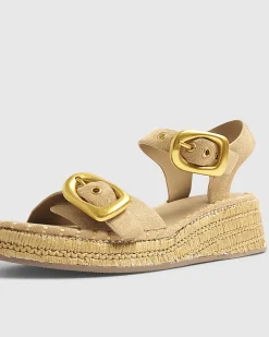 Beige Strap Buckle Wedge Sandals