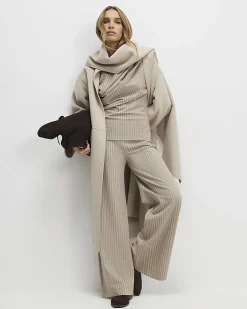 Beige Stretch Striped Wide Leg Trousers