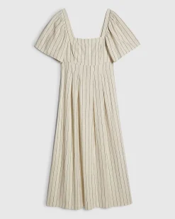 Beige Stripe Linen Blend Shirred Midi Dress