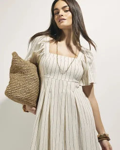 Beige Stripe Linen Blend Shirred Midi Dress