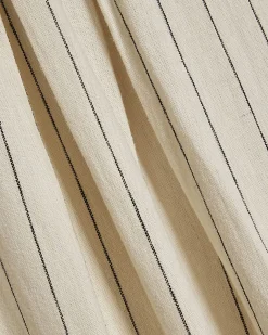 Beige Stripe Linen Blend Shirred Midi Dress