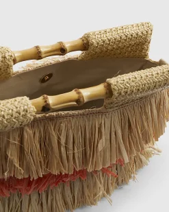 Beige Stripe Raffia Handle Clutch Bag