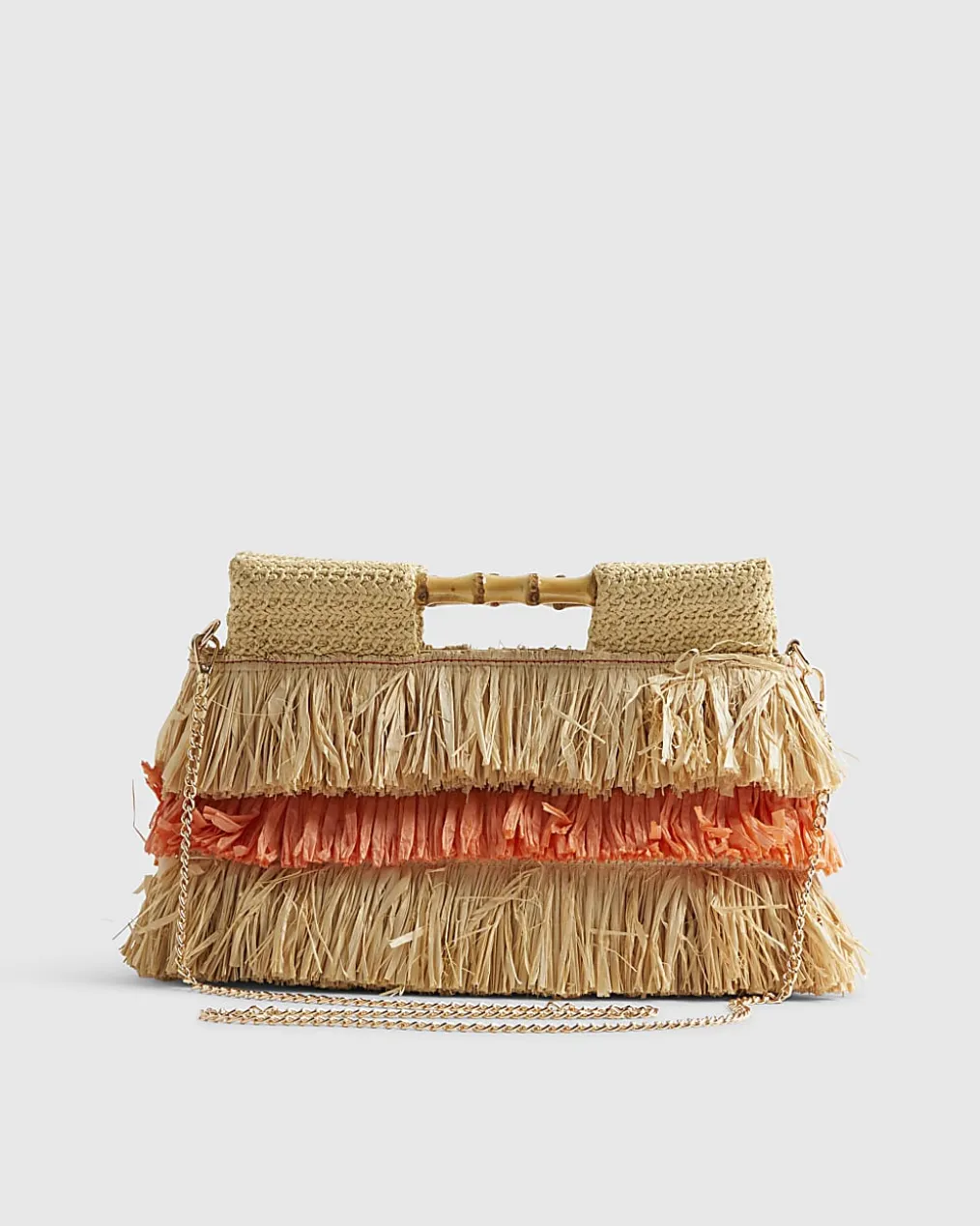 Beige Stripe Raffia Handle Clutch Bag