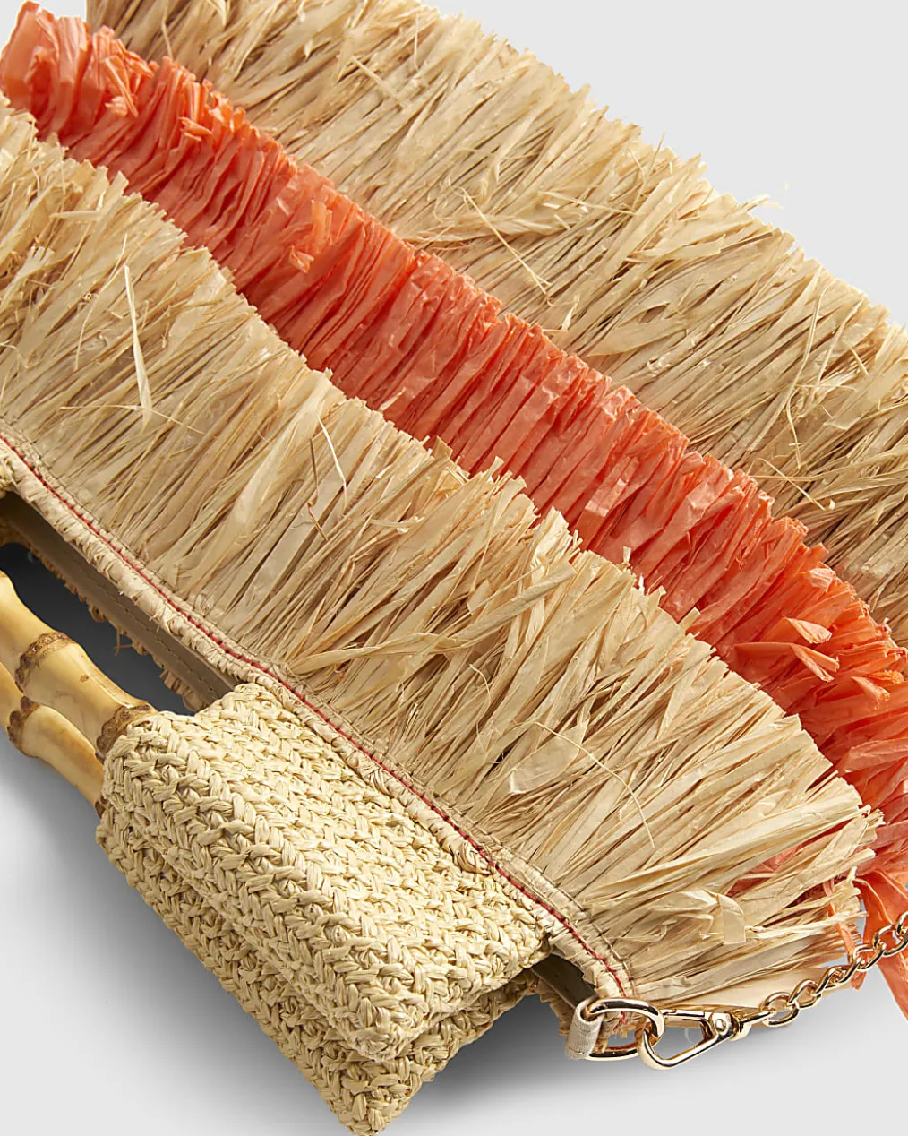 Beige Stripe Raffia Handle Clutch Bag