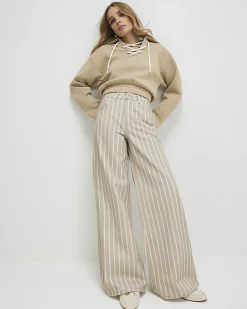 Beige Stripe Wide Leg Jeans