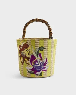 Beige Striped Embroidered Bucket Bag