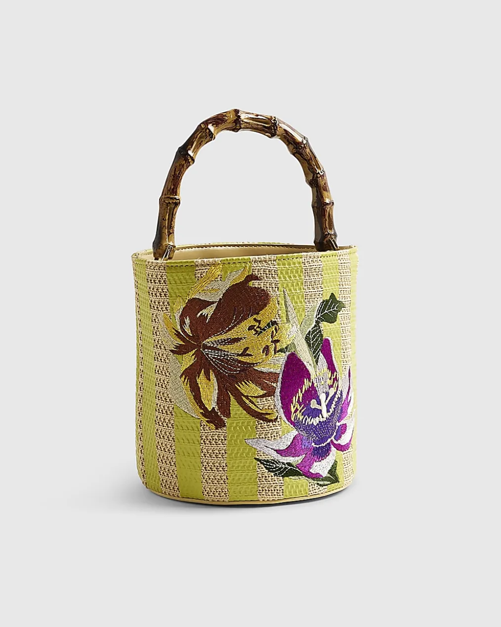 Beige Striped Embroidered Bucket Bag