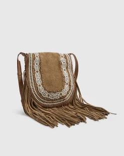 Beige Suede Embroidered Fringe Crossbody Bag