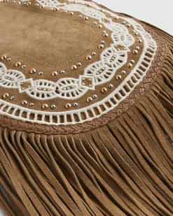 Beige Suede Embroidered Fringe Crossbody Bag