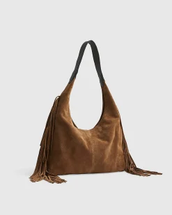 Beige Suede Fringed Slouch Shoulder Bag