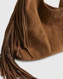 Beige Suede Fringed Slouch Shoulder Bag
