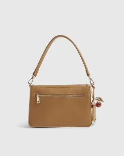 Beige Tab Front Cherry Charm Shoulder Bag
