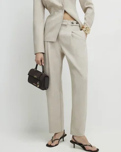 Beige Tailored Barrel Leg Trousers