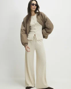 Beige Texture Drawstring Wide Leg Trousers