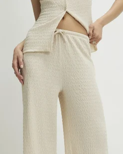 Beige Texture Drawstring Wide Leg Trousers