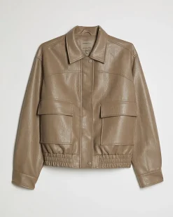 Beige Textured Faux Leather Bomber Jacket