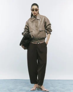 Beige Textured Faux Leather Bomber Jacket