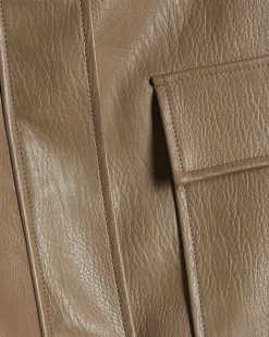 Beige Textured Faux Leather Bomber Jacket