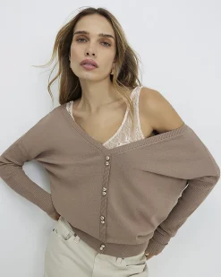 Beige V Neck Button Jumper