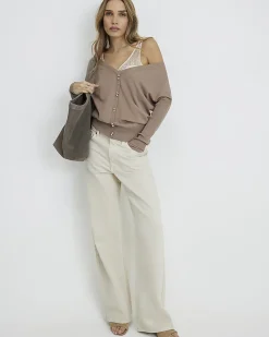 Beige V Neck Button Jumper