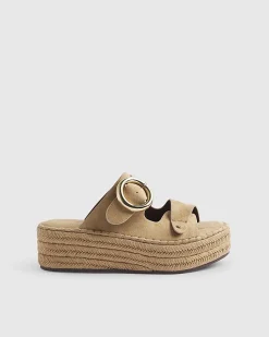 Beige Wide Fit Buckle Strap Wedge Sandals