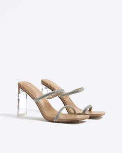 Beige Wide Fit Diamante Strap Heeled Sandals