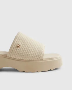 Beige Wide Fit Knitted Mule Flatform Sandals