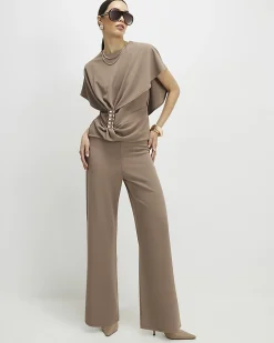 Beige Wide Leg Trousers