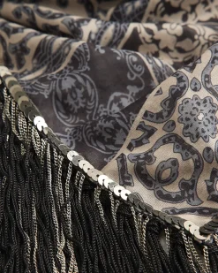 Black Abstract Print Tassel Trim Scarf