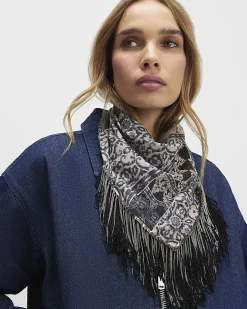 Black Abstract Print Tassel Trim Scarf