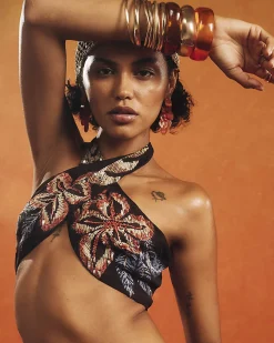 Black Beaded Floral Halter Neck Crop Top