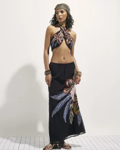 Black Beaded Floral Halter Neck Crop Top