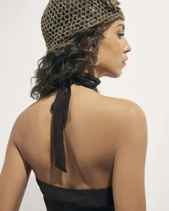 Black Beaded Floral Halter Neck Crop Top