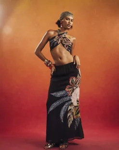 Black Beaded Floral Maxi Skirt