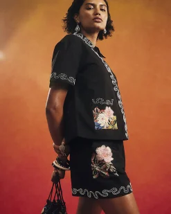 Black Beaded Floral Shorts