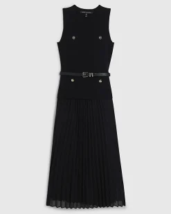Black Belted Pleat Hem Midi Dress