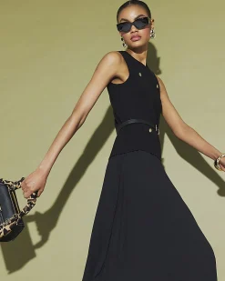 Black Belted Pleat Hem Midi Dress