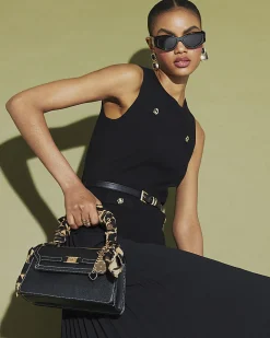 Black Belted Pleat Hem Midi Dress