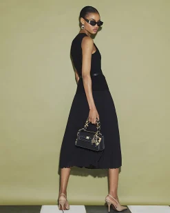 Black Belted Pleat Hem Midi Dress