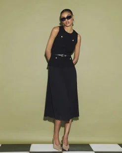 Black Belted Pleat Hem Midi Dress
